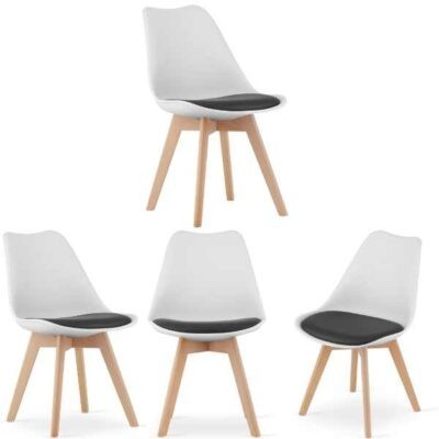 Set 4 buc, Scaune Stil Scandinav, cu Picioare din Lemn de Fag, Sezut din PP si Perna din Piele Ecologica, 49 x 43 x 82 cm, Alb