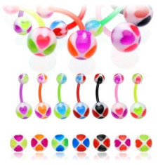 Piercing UV pentru buric &ndash; bile decorate cu inimi &icirc;n două culori - Culoare Piercing: Portocaliu - Ametist - QA