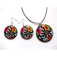 Set bijuterii lemn cu flori stilizate multicolore 40680