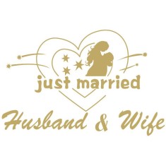 Sticker autocolant, flippy, tematica nunta, model indragostiti, cu scris just married husband&amp;wife, 21x29 cm, auriu