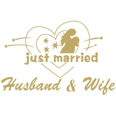 Sticker autocolant, flippy, tematica nunta, model indragostiti, cu scris just married husband&amp;amp;wife, 21x29 cm, auriu foto