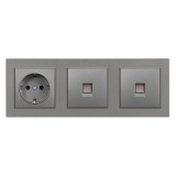 Priza cu impamantare Leziter Nova III, 2x UTP Cat5e, Schuko, cadru gri, 16A, 250V, IP20