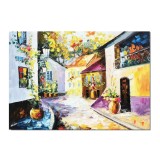 Tablou peisaj citadin pictat manual, Alee intre case, 70x50 cm ulei pe panza, Superb