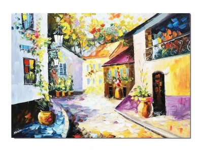 Tablou peisaj citadin pictat manual, Alee intre case, 70x50 cm ulei pe panza, Superb foto