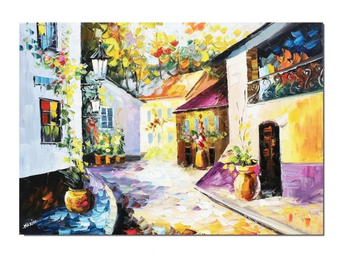 Tablou peisaj citadin pictat manual, Alee intre case, 70x50 cm ulei pe panza, Superb