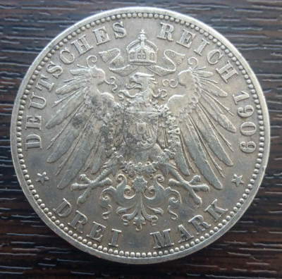 (A704) MONEDA DIN ARGINT GERMANIA, PRUSIA - 3 MARK 1909, LIT. A, WILHELM II foto