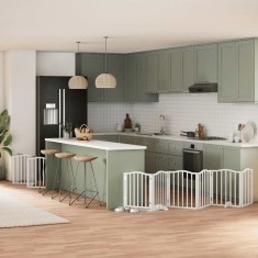 vidaXL Poartă c&acirc;ini pliabilă cu ușă 15 panouri, alb, 750 cm, lemn plop 3155593