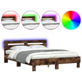 Cadru de pat cu tablie si LED, stejar fumuriu, 140x200 cm