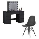 Masa de toaleta/machiaj + scaun stil scandinav, Artool, Vanessa, negru, cu oglinda si LED-uri, 130x43x143 cm