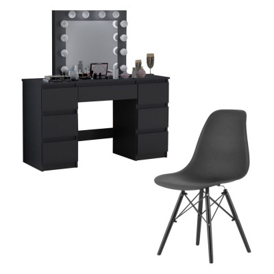 Masa de toaleta/machiaj + scaun stil scandinav, Artool, Vanessa, negru, cu oglinda si LED-uri, 130x43x143 cm foto