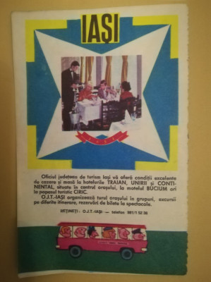 1979, Reclamă Oficiul Judetean de Turism OJT IASI 19 x 12,5 cm, turism comunism foto