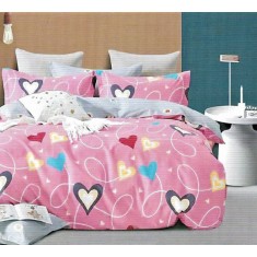 Lenjerie de pat pentru o persoana cu husa de perna patrata, Big Hearts, bumbac ranforce, gramaj tesatura 120 g/mp, multicolor, 3 piese