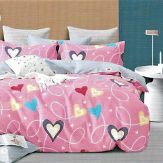Lenjerie de pat pentru o persoana cu husa elastic pat si fata perna dreptunghiulara, Big Hearts, bumbac ranforce, gramaj tesatura 120 g/mp, multicolor