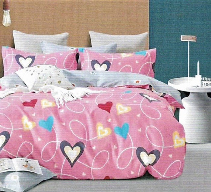 Lenjerie de pat pentru o persoana cu husa elastic pat si 2 fete perna patrata, Big Hearts, bumbac ranforce, gramaj tesatura 120 g/mp, multicolor, 4 pi