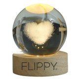 Lampa LED Decorativa, Bila de Cristal cu Diametru 6cm, Model Inima 3D, Alimentare USB, Suport din Lemn, Lumina Alb Cald