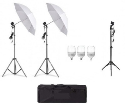 Kit de 2 umbrele albe, 2 trepiezi reglabili 200 cm, 1 trepied 160 cm, 3 becuri LED 25W, geanta de transport inclusa foto