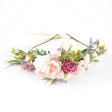 Bentita cu flori multicolore si panglica bej