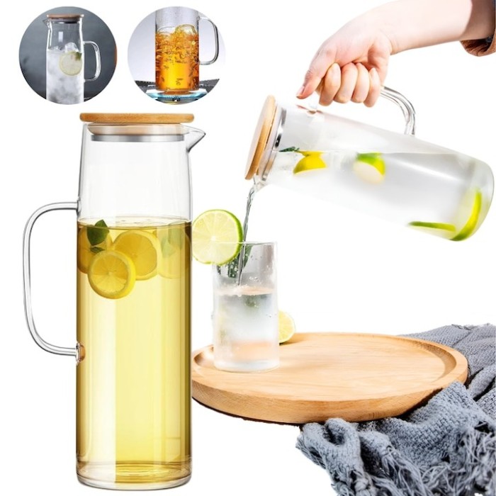 Set 2 Carafe Sticlă Borosilicată Salestore.ro&reg; &ndash; Apă, Suc, Capac Bambus/Inox, Termorezistente -20&deg;C/+150&deg;C