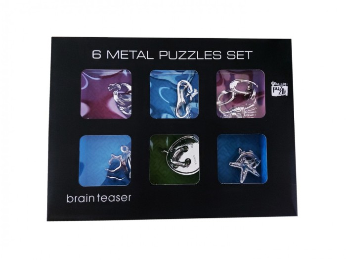 Set puzzle Brain Twister 6 jocuri din Metal, pentru copii si adolescenti, Animale marine, 375CUB