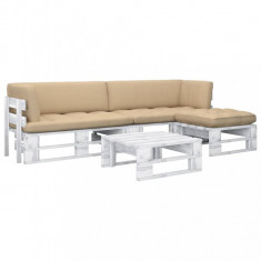 vidaXL Set mobilier din paleți cu perne, 4 piese, alb, lemn pin tratat foto