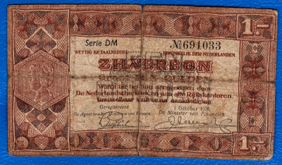 (2) BANCNOTA OLANDA - ZILVERBON - 1 GULDEN 1938 (1 OCTOMBRIE), SERIE CU 2 LITERE foto