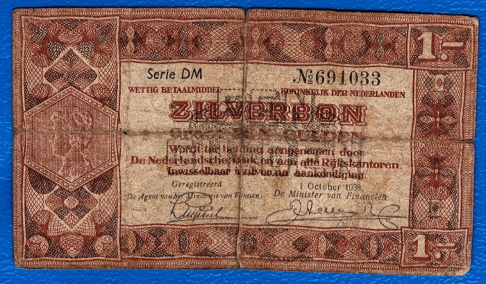 (2) BANCNOTA OLANDA - ZILVERBON - 1 GULDEN 1938 (1 OCTOMBRIE), SERIE CU 2 LITERE