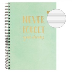 Caiet Dictando, Model &quot;Never Forget Your Dreams&quot;, Culoare Verde Menta, Dimensiune A4, Separatoare 4 Subiecte, Legare cu Spirala, Coperta Dura, 128 Fil