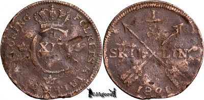 1821, &amp;frac12; Skilling - Carl al XIV-lea Johan - Regatul Suediei - KM# 596 foto