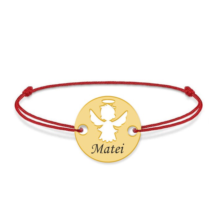 Angel - Bratara personalizata snur banut cu ingeras si nume gravat din argint 925 placat cu aur galben 24K