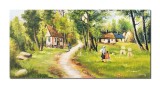 Cumpara ieftin Tablou peisaj rural pictat manual, Amintiri la bunici, 120x60cm ulei pe panza, Constantin Feraru