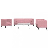 Set canapele Chesterfield cu perne rulou, 3 piese, roz, catifea