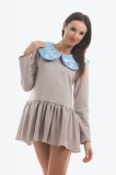 Rochie mini beige cu guler nor albastru brodat, 36, 38, 40, 42, 44, Bej, Onibon