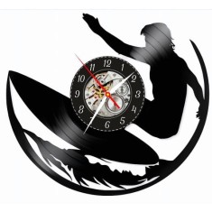 Ceas de perete din disc vinil, Tematică Surf / Surfing, Design Sporturi Nautice cu Surfer pe Val, Negru