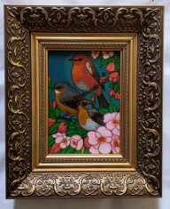 PASARI PE RAMURI,tablou miniatura pictat manual , dimensiunea cu rama din lemn 28x23 cm
