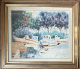 Tablou Peisaj Marin cu Barci pictura ulei inramat rama lemn 69x79cm, Peisaje, Realism