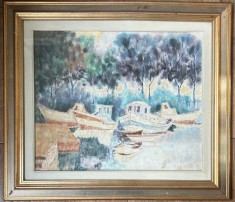 Tablou Peisaj Marin cu Barci pictura ulei inramat rama lemn 69x79cm