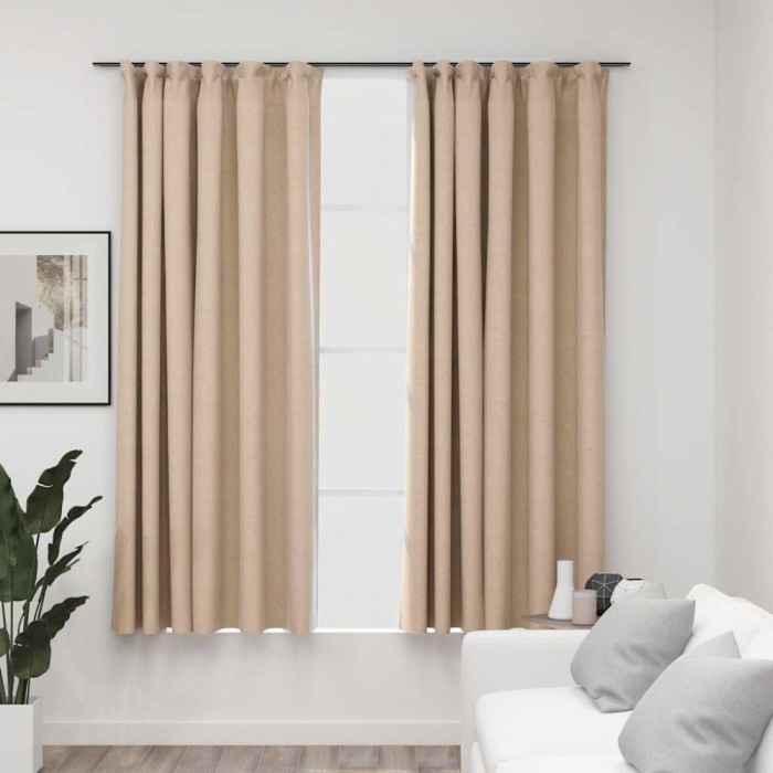 Draperii opace aspect in, cu c&acirc;rlige, 2 buc., bej, 140x175 cm