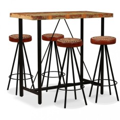 vidaXL Set de bar 5 piese lemn masiv reciclat, piele naturală și p&acirc;nză