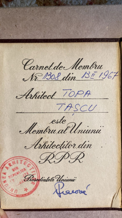 UNIUNEA ARHITECTILOR din R.P.R./CARNET DE MEMBRU cu VIZE PE ANII &#039;60 si &#039;70/POZE