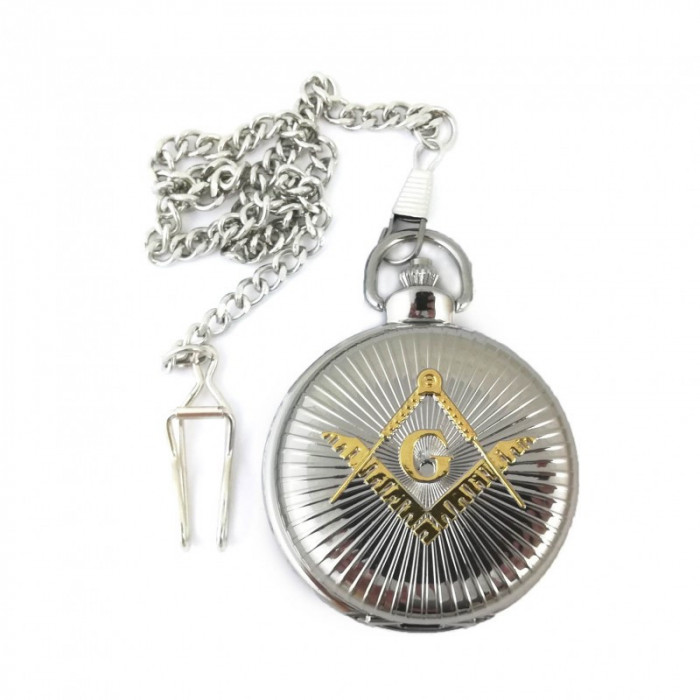 Ceas de buzunar masonic Argintiu cu simbol Auriu