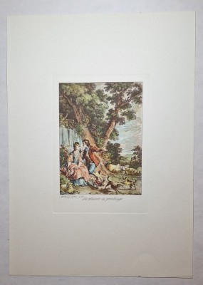 Gravură colorată &amp;bdquo;Les plaisirs du printemps&amp;rdquo;, după Le Mire, Paris 1770 &amp;ndash; ediție de secol XIX foto
