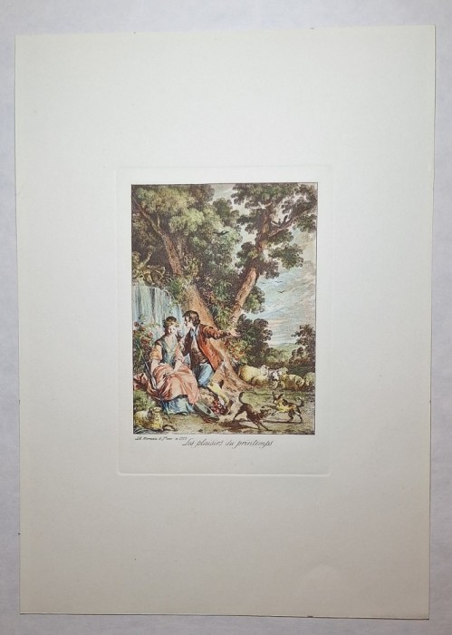 Gravură colorată &bdquo;Les plaisirs du printemps&rdquo;, după Le Mire, Paris 1770 &ndash; ediție de secol XIX