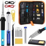 Kit complet de lipit 15 piese, letcon 60W cu temperatura reglabila 200-450 C, 5 varfuri, pompa cositor, suport, husa transport, negru portocaliu