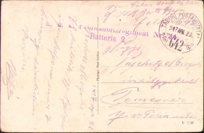 HST CP44 Carte postala Tabori postahivatal 647 + ștampilă regiment 1917