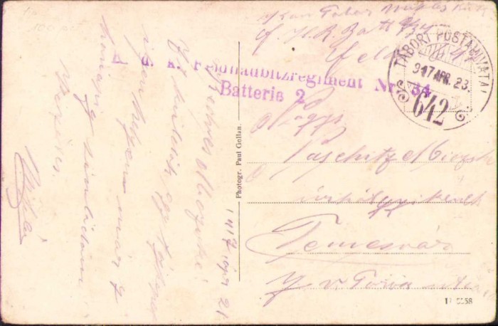 HST CP44 Carte postala Tabori postahivatal 647 + ștampilă regiment 1917