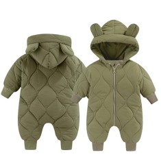 Combinezon de Iarna, Cyrax, pentru Bebelusi, din Bumbac, cu Urechi, Mansete Elastice, Unisex, 66 cm, Verde