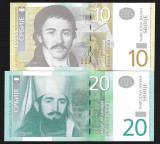 SERBIA SET / LOT ( 2 buc ) 10 + 20 DINARI / DINARA 2011 , P-54a + P - 55a , UNC , necirculate