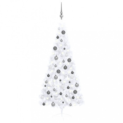 Jumătate de brad de Crăciun artificial LED&amp;amp;globuri, alb 180 cm foto