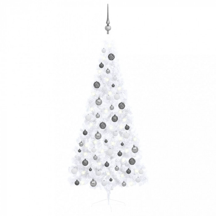 Jumătate de brad de Crăciun artificial LED&amp;globuri, alb 180 cm