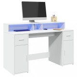 VidaXL Birou cu lumini LED, alb, 140x55x91 cm, lemn prelucrat